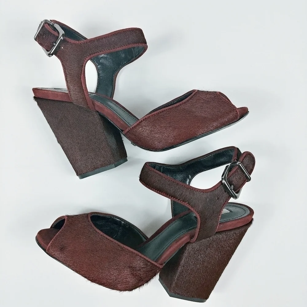 Schutz Peep Toe Pony Hair‎ Chunky Block Heel Size 6 Ankle Strap Burgundy
